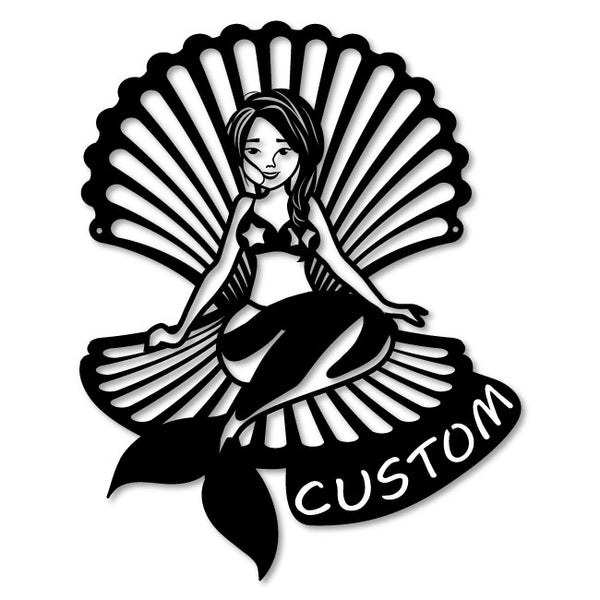 Custom Metal Wall Art - Mermaid Sitting in a Clam with Personalized Name | artzyshack.com
