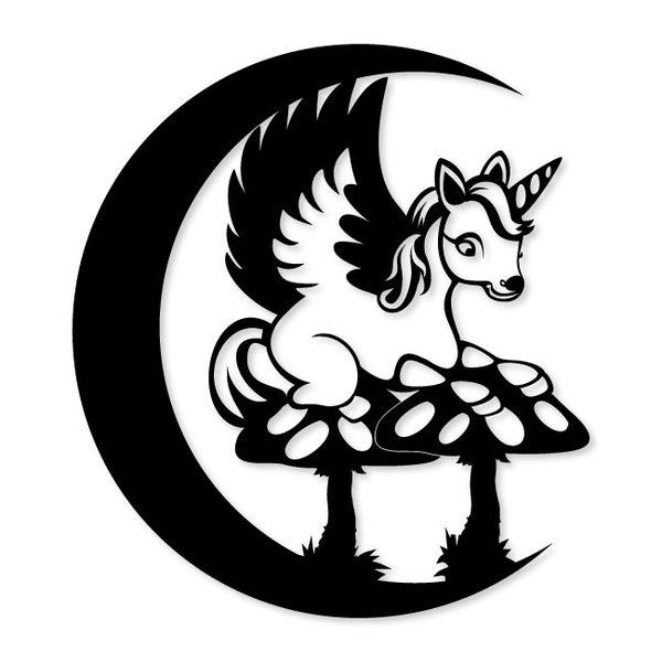 Metal Décor Wall Art with Baby Unicorn inside Moon Sitting on Mushrooms | artzyshack.com