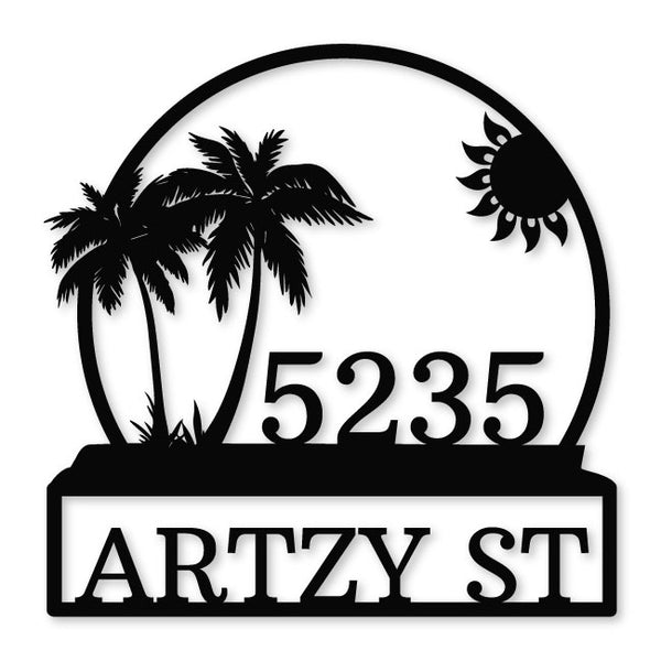 Metal House Number & Name Sign Sunset with Palm Trees | artzyshack.com